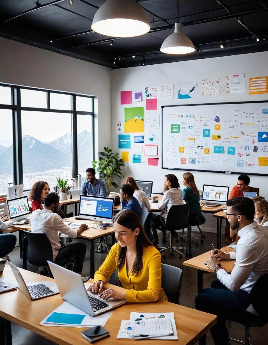 A dynamic scene depicting a diverse group of entrepreneurs collaborating at a stylish, modern workspace filled with laptops and whiteboards featuring blog ideas. The backdrop showcases a digital empire theme, combining elements of success like a mountain of documents, growth graphs, and social media icons floating above. Bright and inspiring, suggesting innovation and creativity. super-realistic. vibrant colors. 3D.