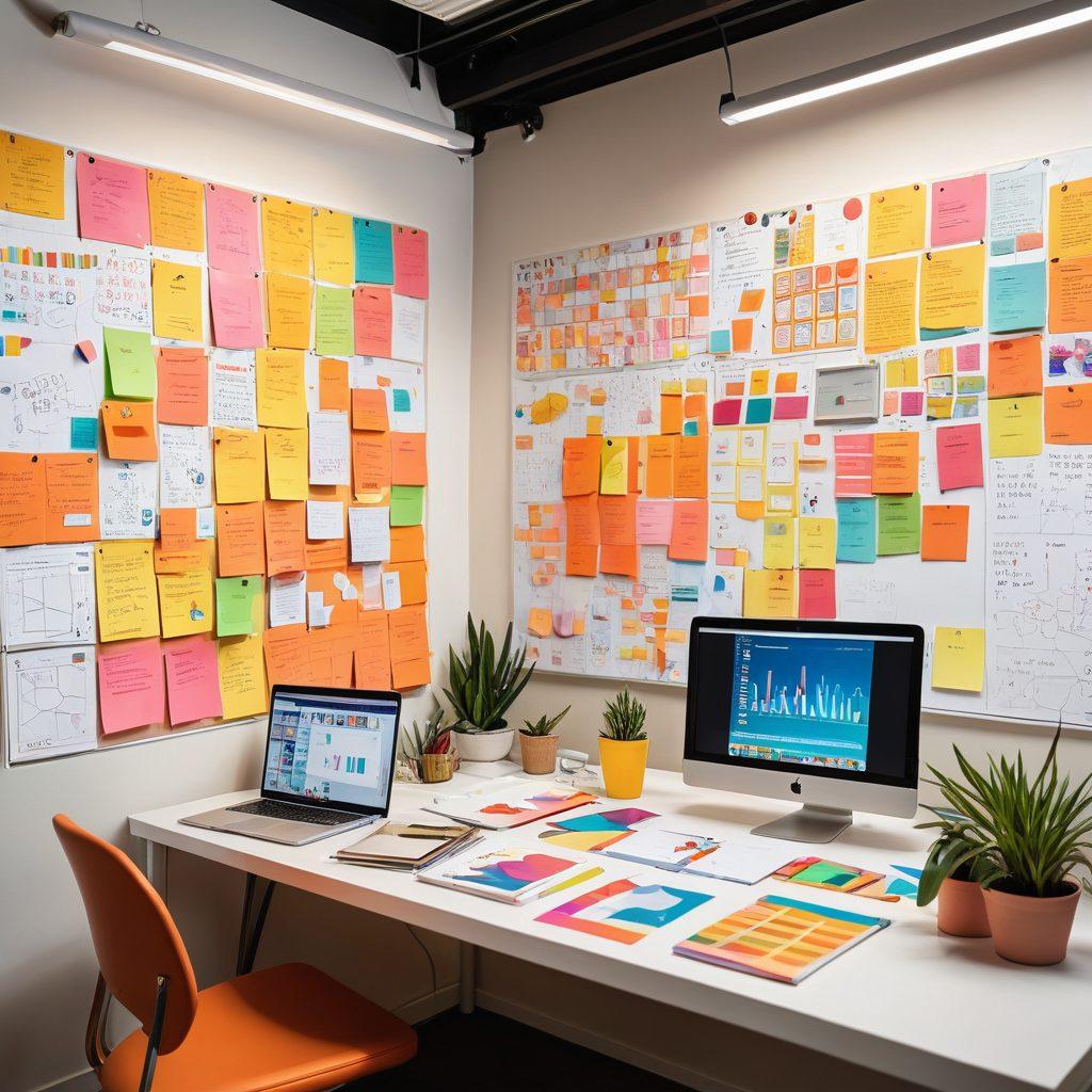 A visual representation of a bright, dynamic workspace showcasing a diverse group of creatives brainstorming and collaborating over a large digital screen filled with charts, social media icons, and viral content ideas. Scattered around are notebooks, coffee cups, and vibrant post-it notes. The atmosphere is energetic and innovative, ideal for crafting winning strategies. modern design. vibrant colors.