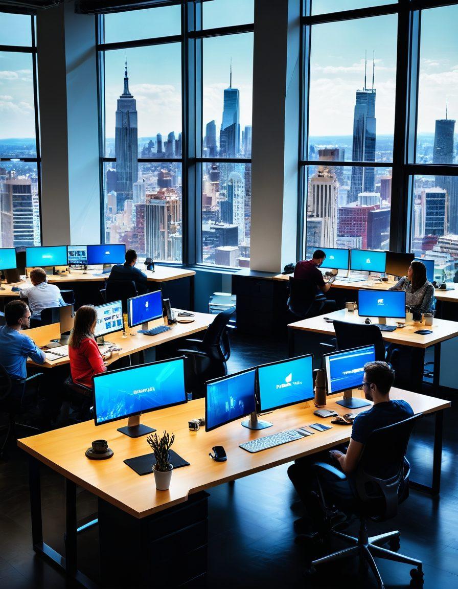 A dynamic scene depicting a diverse group of entrepreneurs collaborating at a modern workspace, surrounded by digital screens showcasing SEO analytics and social media feeds. Bright and engaging elements like graphs, hashtags, and laptops enhance the atmosphere of innovation and strategy. A backdrop of a city skyline signifies growth and opportunity. vibrant colors. super-realistic. high-tech.